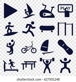 Active icons set. set of 16 active filled icons such as treadmill, Finger pressing play button, squat, play, volleyball player, exercise bike, snow board, windsurfing