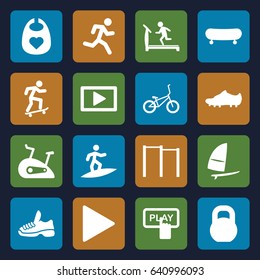 Active icons set. set of 16 active filled icons such as baby bid, treadmill, finger pressing play button, barbell, play, exercise bike, soccer trainers, windsurfing, trainers