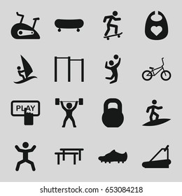 Active icons set. set of 16 active filled icons such as baby bid, finger pressing play button, treadmill, squat, barbell, volleyball player, exercise bike, soccer trainers