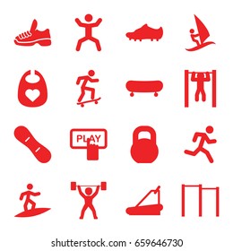 Active icons set. set of 16 active filled icons such as baby bid, finger pressing play button, treadmill, bar   tightening, squat, barbell, snow board, soccer trainers