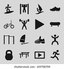 Active icons set. set of 16 active filled icons such as bar   tightening, squat, barbell, play, soccer trainers, windsurfing, power lifter, trainers, bicycle, surfing, skate
