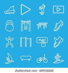 Active icons set. set of 16 active outline icons such as Finger pressing play button, treadmill, bar   tightening, squat, barbell, play, surfing, volleyball player