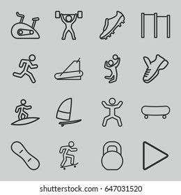 Active icons set. set of 16 active outline icons such as treadmill, squat, barbell, play, surfing, skateboard, volleyball player, exercise bike, snow board, soccer trainers