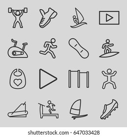 Active icons set. set of 16 active outline icons such as baby bid, treadmill, squat, play, surfing, exercise bike, snow board, soccer trainers, windsurfing, power lifter