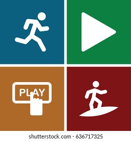 Active icons set. set of 4 active filled icons such as finger pressing play button, play, surfing