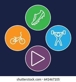 Active icons set. set of 4 active outline icons such as play, soccer trainers, power lifter