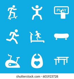 active icons set. Set of 9 active filled icons such as baby bid, treadmill, Finger pressing play button, squat, exercise bike, skateboard, skate, horizontal bar