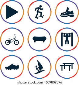 Active icons set. set of 9 active filled icons such as bar   tightening, play, soccer trainers, trainers, bicycle, surfing, skateboard, skate