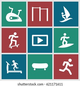 Active icons set. set of 9 active filled icons such as treadmill, play, exercise bike, surfing, skateboard, skate, horizontal bar