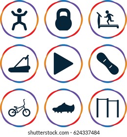 Active icons set. set of 9 active filled icons such as treadmill, squat, barbell, play, snow board, soccer trainers, bicycle