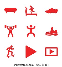 Active icons set. set of 9 active filled icons such as treadmill, squat, play, soccer trainers, power lifter, trainers, skateboard
