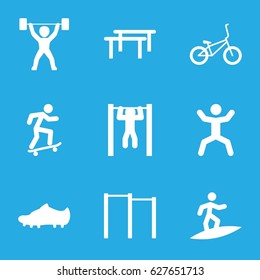 Active icons set. set of 9 active filled icons such as bar   tightening, squat, soccer trainers, power lifter, bicycle, surfing, skateboard