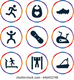Active icons set. set of 9 active filled icons such as baby bid, treadmill, bar   tightening, squat, exercise bike, snow board, soccer trainers