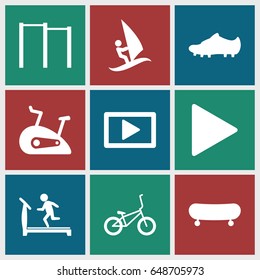 Active icons set. set of 9 active filled icons such as treadmill, play, exercise bike, soccer trainers, bicycle, surfing, skate