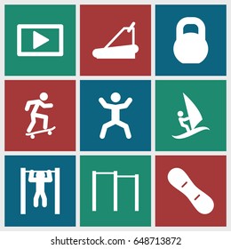 Active icons set. set of 9 active filled icons such as treadmill, bar   tightening, squat, barbell, play, snow board, surfing, skateboard