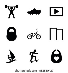 Active icons set. set of 9 active filled icons such as baby bid, barbell, play, soccer trainers, power lifter, bicycle, surfing, skateboard