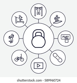active icons set. Set of 9 active outline icons such as treadmill, Finger pressing play button, bar   tightening, barbell, play, surfing, volleyball player, snow board