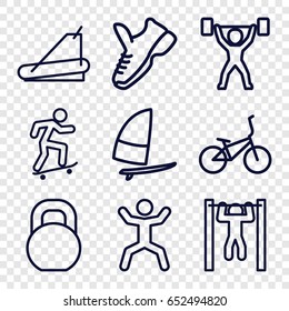 Active icons set. set of 9 active outline icons such as treadmill, bar   tightening, squat, barbell, skateboard, windsurfing, power lifter, trainers