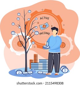 Active income concept. Idea of financial growth and business development. Male character works, gets active profit, stands near money tree to earn. Man with dollar coins next to tree with capital