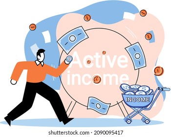 Ingresos activos, concepto de salario por trabajo. Idea de crecimiento financiero y desarrollo empresarial. Hombre persiguiendo dinero, dinero estable, aumento de beneficios. Empleado masculino ha pagado su profesión, trabajo remunerado