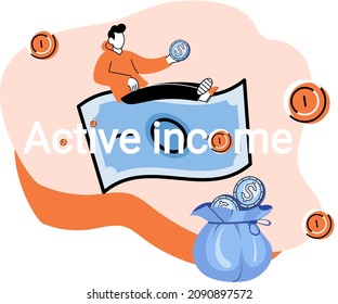 Active income, getting salary for work concept. Idea of financial growth and business development. Male employee has paid profession, job with wage. Man lying on dollar bill, earning money, cash