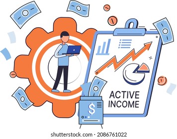 Active income, getting wages for work concept. Idea of business growth and development. Man has paid job with stable salary. Male employee planning profit making strategy, financial statistics