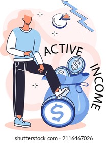 Aktives Einkommen, Erwerbseinkommen, höhere Gewinne durch Wissen und Fertigkeiten. Der Mensch arbeitet, verdient Gehalt bei bezahlter Arbeit. Idee des Finanzwachstums und der Unternehmensentwicklung. Tätigkeit zur Steigerung des Umsatzes