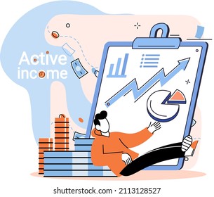 Active income obtained in course of certain activity using your knowledge and skills, getting paid for work. Works, earns salary. Idea of financial growth, business development, wages. Activity growth