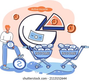 Active income obtained in course of certain activity using your knowledge and skills, getting paid for work. Works, earns salary. Idea of financial growth, business development, wages. Activity growth