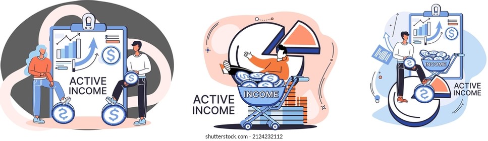 Active income obtained in course of certain activity using your knowledge and skills, getting paid for work. Works, earns salary. Idea of financial growth, business development, wages. Activity growth