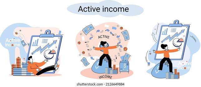 Active income obtained in course of certain activity using your knowledge and skills, getting paid for work. Works, earns salary. Idea of financial growth, business development, wages. Activity growth