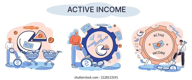 Active income obtained in course of certain activity using your knowledge and skills, getting paid for work. Works, earns salary. Idea of financial growth, business development, wages. Activity growth