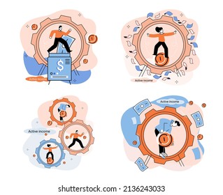 Active income obtained in course of certain activity using your knowledge and skills, getting paid for work. Works, earns salary. Idea of financial growth, business development, wages. Activity growth