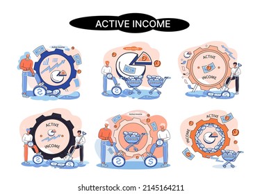 Active income obtained in course of certain activity using your knowledge and skills, getting paid for work. Works, earns salary. Idea of financial growth, business development, wages. Activity growth