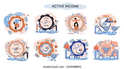 Active income obtained in course of certain activity using your knowledge and skills, getting paid for work. Works, earns salary. Idea of financial growth, business development, wages. Activity growth