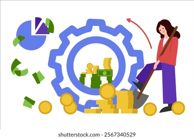 Active income. Woman works hard to earn money. A woman digs money. Vector simple color flat illustration.