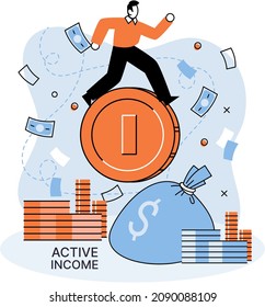 Active income, work wage concept. Working, earning salary at paid job vector illustration. Idea of financial growth and business development. Income from activity, getting money, profit for work