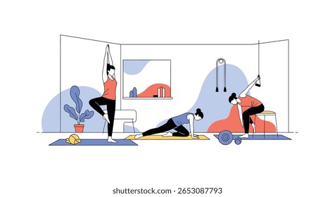 Active individuals practice various yoga poses and exercises in a modern home studio environment promoting wellness and healthy lifestyle choices for everyone to enjoy and benefit from