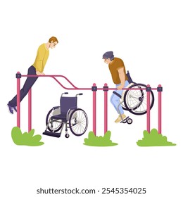 Active individuals using an accessible gym. Vector illustration
