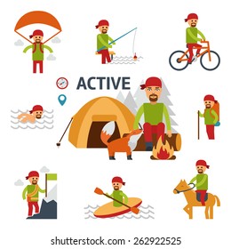 Active infographic elements. Man relaxing by fire in forest with wild animal - a fox. Man with a backpack in the camping, ascends the mountain, swim in a kayak, fishing, riding a bicycle vector flat