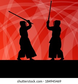 Active japanese Kendo sword martial arts fighters sport silhouettes abstract illustration background vector