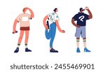 Active jogger, athlete characters stretching, warming up, drinking water. Healthy people in sportswear with bottles. Runners in activewear. Flat vector illustration isolated on white background