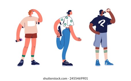 Active jogger, athlete characters stretching, warming up, drinking water. Healthy people in sportswear with bottles. Runners in activewear. Flat vector illustration isolated on white background