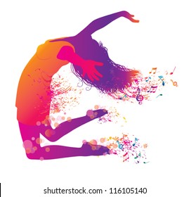 Active Jumping and Dancing Young Woman. Abstract Music Banner.