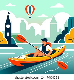 Active kayaking on urban waterways, vector illustration in flat design, showcasing recreational water sports in the city.