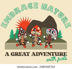 Active key graphic outdoor camp hiking mushroom nature character adventure placement print graphic vector artwork