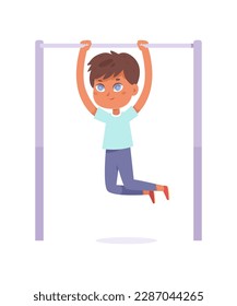 Active kid doing pull ups on horizontal bar vector illustration. Cartoon isolated boy pulling up and hanging from gymnastic equipment in sport gym or outdoors, training strong muscles and calisthenics