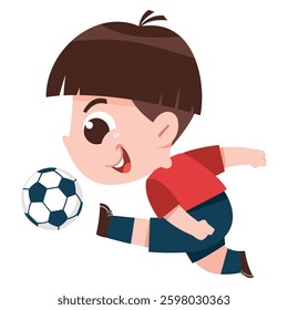 Active Kid Kicking Soccer Ball.  A lively boy with short brown hair, wearing a red shirt and blue shorts, kicking a soccer ball with enthusiasm, showing his passion for soccer.