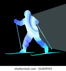 Active kid skiing silhouette illustration vector background colorful concept made of transparent curved shapes