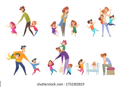 Active kids. Big family tired parents playing with children adult in action poses vector cartoon characters